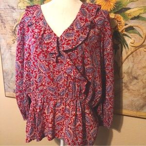 Sz L Chaps Red Kiera Paisley Ruffle Peasant Shirt NWT